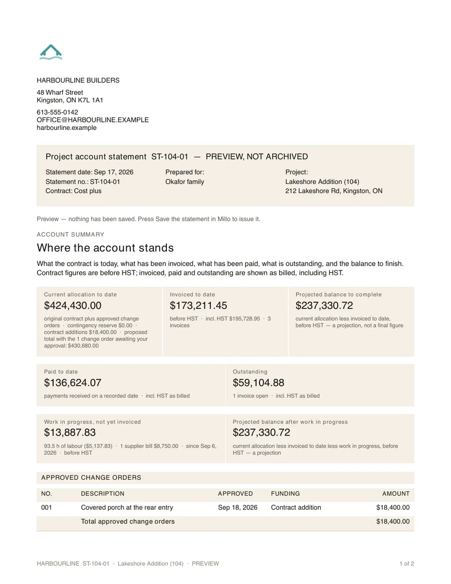 An account statement PDF with the builder's logo, address and contact details: current allocation, invoiced to date, paid, outstanding and approved change orders.