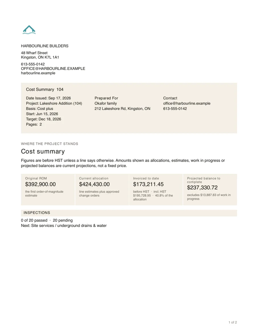 A cost summary PDF with the builder's logo and letterhead, showing the original estimate, the current allocation and what's been invoiced.