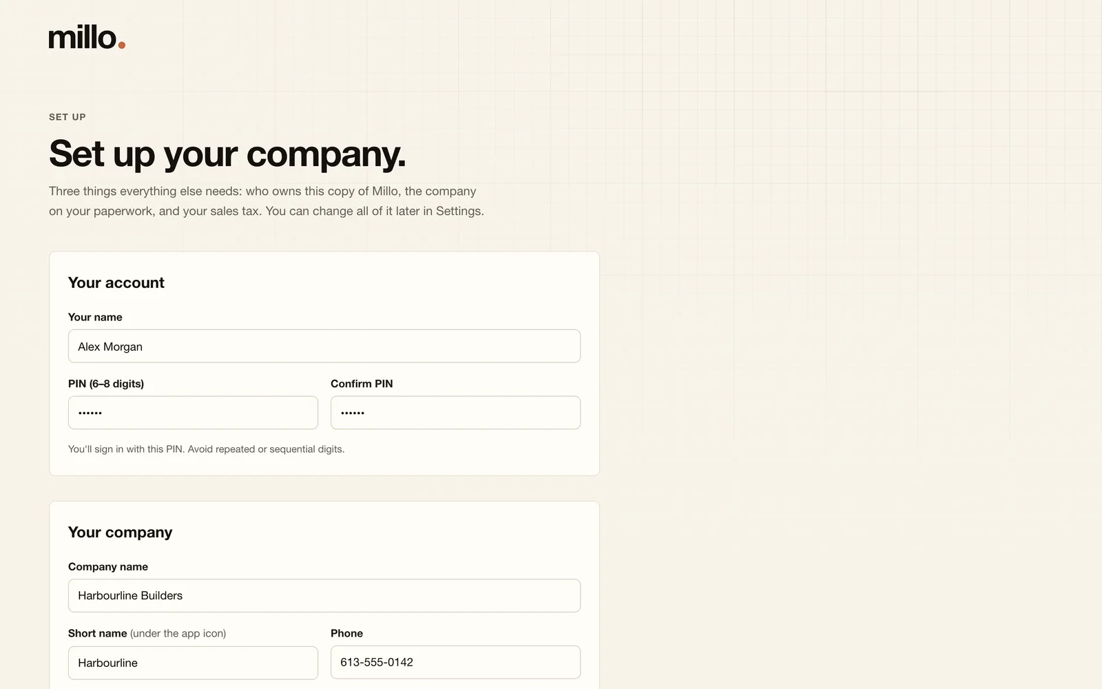 Millo's first-run setup: your name and PIN, then your company's name, address, phone, email and website.